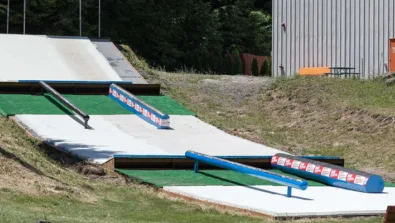 High Cascade Snowboarding Camp dri slope rail set up at camp