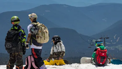 High Cascade Snowboard Camp camper wait at top of run jpg