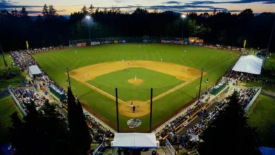 Arial view of Walker Stadium under the lights in Portland, Oregon