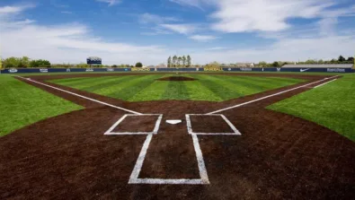Wendell Simmons Baseball Field from behind home plate on a partly cloudy day