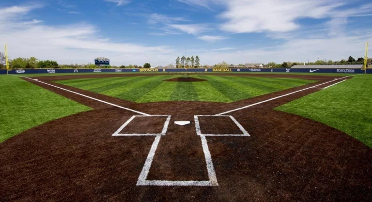 Wendell Simmons Baseball Field from behind home plate on a partly cloudy day