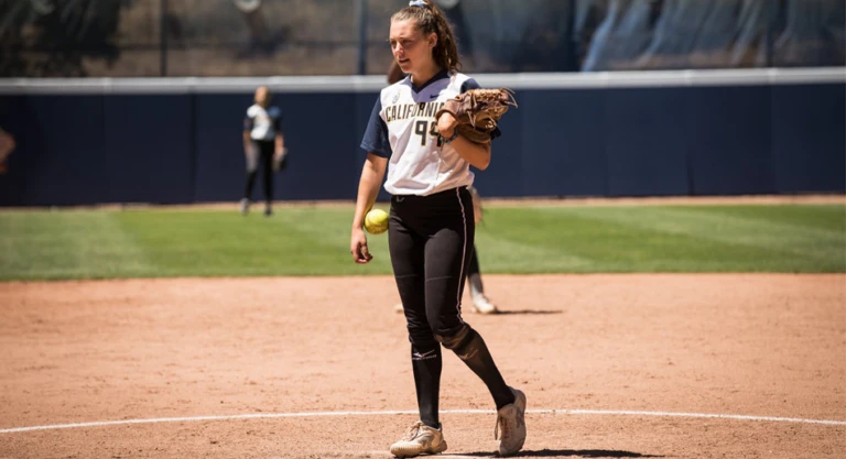 Cal Softball Camp Pitcher Holding ball in pitchers circle